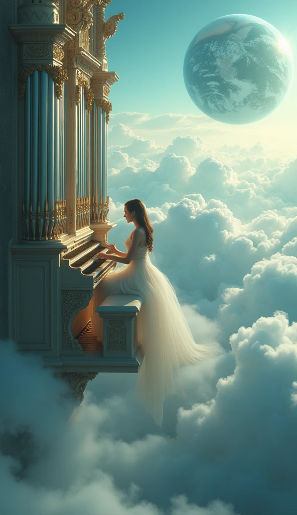 This image depicts a stunning, ethereal scene that looks like a blend of fantasy and reality. playing the harp woman, is standing with her back facing the viewer, adorned in an elegant, flowing gown with intricate gold accents. The setting appears to be a grand palace or temple suspended in the clouds, with tall, ornate columns and arches that frame a breathtaking sky filled with light and clouds. The overall ambiance is serene and majestic, evoking a sense of divine or heavenly presence. The lighting is soft and radiant, enhancing the dreamlike quality of the scene., cinematic photo, 35mm photograph, film, bokeh, professional, 4k, highly detailed