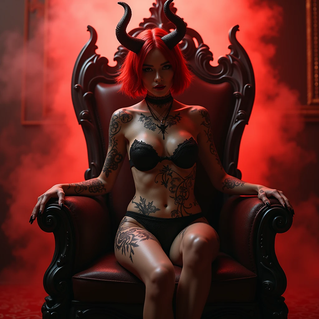 PERFECT MASTERPIECE, EXTREMELY DETAILED CG UNITY 8K UHD QUALITY RESOLUTION WALLPAPER, PHOTOREALISTIC, OFFICIAL ART, PROFESSIONAL CINEMATIC LIGHTING, AWARD-WINNING PORTRAIT, PROFESSIONAL FILM QUALITY, OCTANE RENDERINGA redheaded hot vampire looks you int the eyes (eye contact) with horns, böses (angseinflösend, sexy) lächeln, blutig, tattooed sitting on a throne (big throne), dracula kleid. Gloomy surroundings, Nass, dreckig, nuttig. camera from below