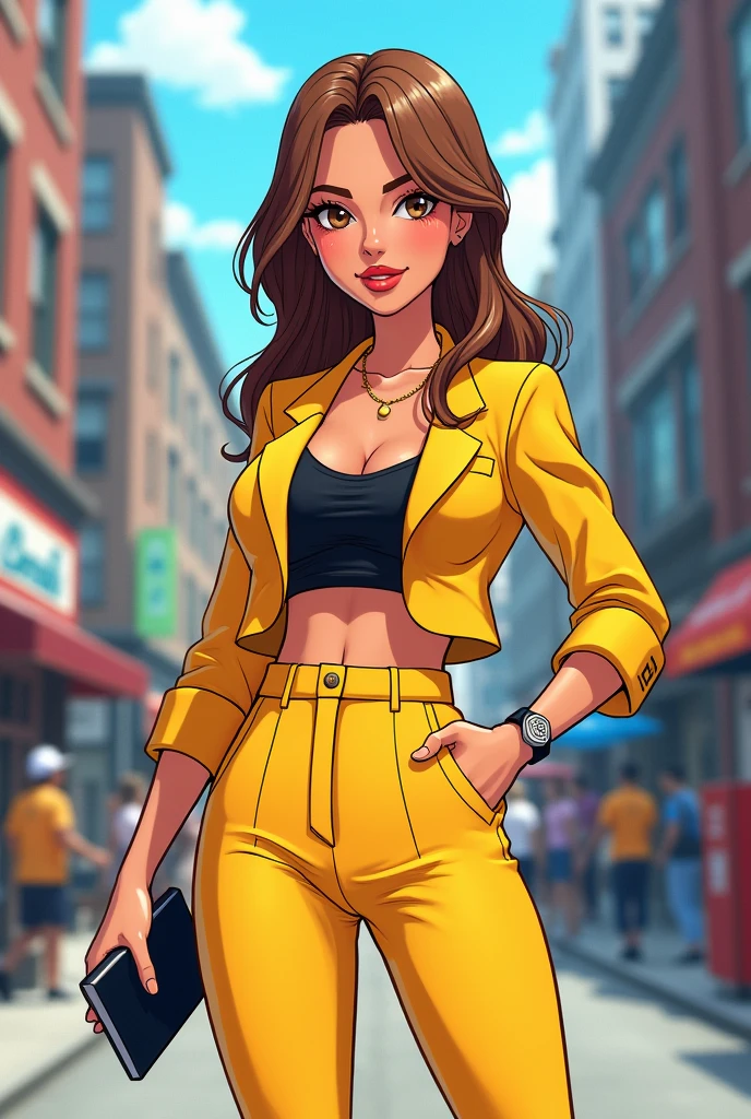 Take a high-resolution image of Abril O'Neil, a young adult wearing her full yellow suit, under a short black blouse with short light brown hair while holding a microphone and behind the streets of a city in full HD cartoon style with her coat unbuttoned