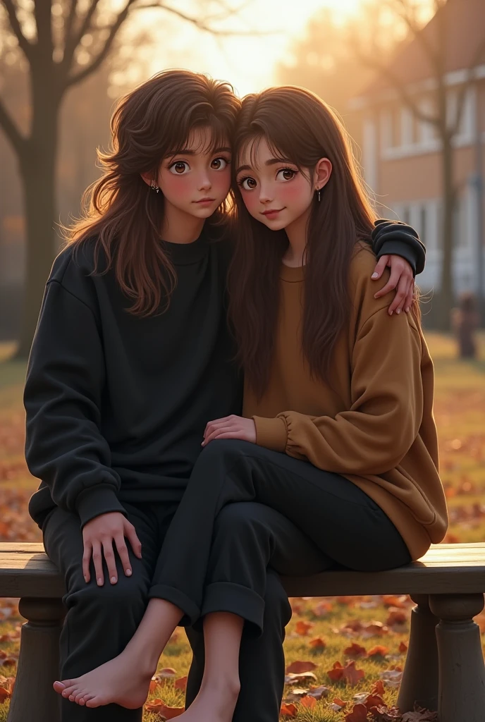 The boy who has a black sweatshirt and long shorts has a good face, long hair, brown eyes and he is 15+, and his name is Máty so he is with a beautiful girl who is 15+ her name is Loona and I have glasses hair, a hessian face, earrings, a brown sweatshirt, black pants, and she is completely barefoot so Loona is without shoes and socks she is barefoot! And both Máty and Loona are outside and sitting on a bench at the same time Máty hugs Loona and she is happy! Please make the picture as realistic as possible! Btw, I'm supposed to be your dream girl.