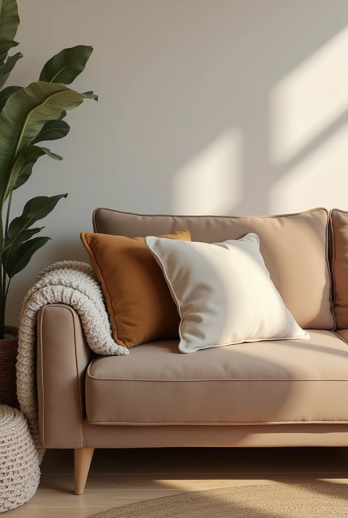 Taupe sofa with beige and camel cushions
