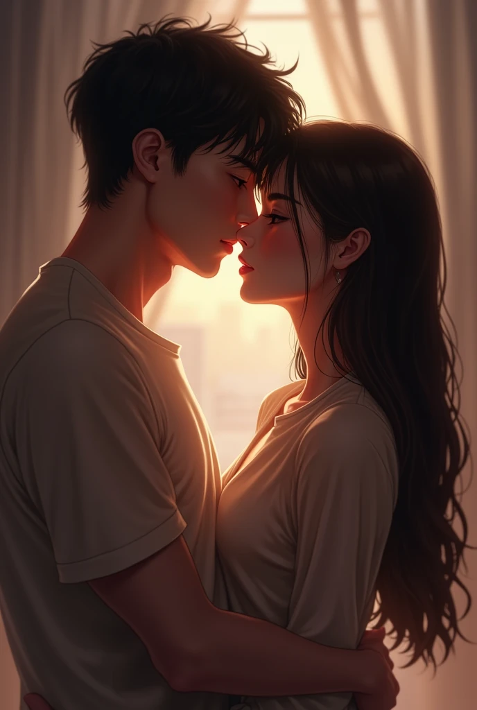 A boy is kissing a gitl with his extra 
veiny hands on her neck
