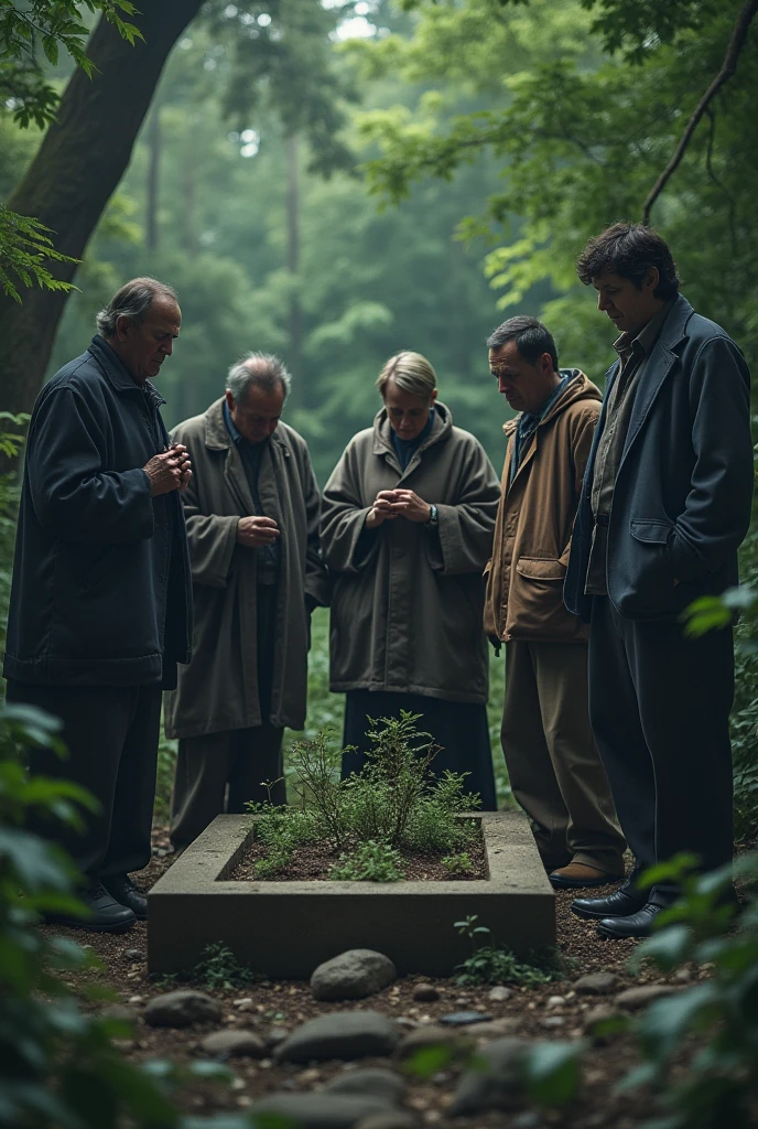 Photo of 4 men and 3 women standing over the grave and staring at him