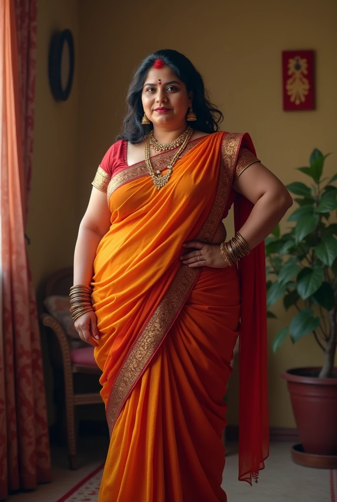 Indian aunty in sleeveless saree beautiful vulptous aged 45 plump body full size
