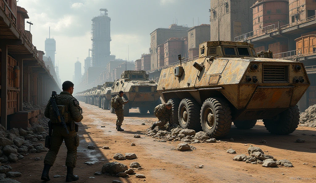 The army bombarded warehouses with heavy weapons,On the walls of the warehouse are written four lines of warehouses