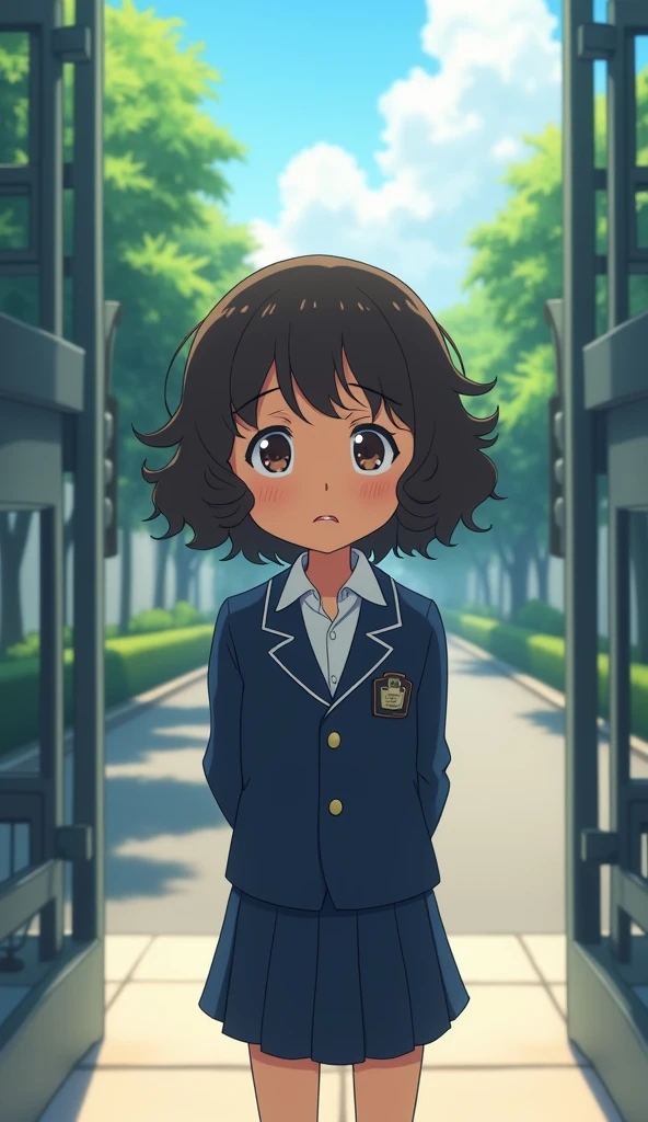 (What style animeThe scene opens with a young girl standing outside the school gates. She has warm brown skin and short, curly hair that slightly bounces as she shifts her weight from foot to foot. She’s dressed in a standard Japanese school uniform: a white blouse with a collar, a navy blue blazer, and a pleated skirt. The expression on her face is one of uncertainty, her dark brown eyes darting between the unfamiliar students entering the school.