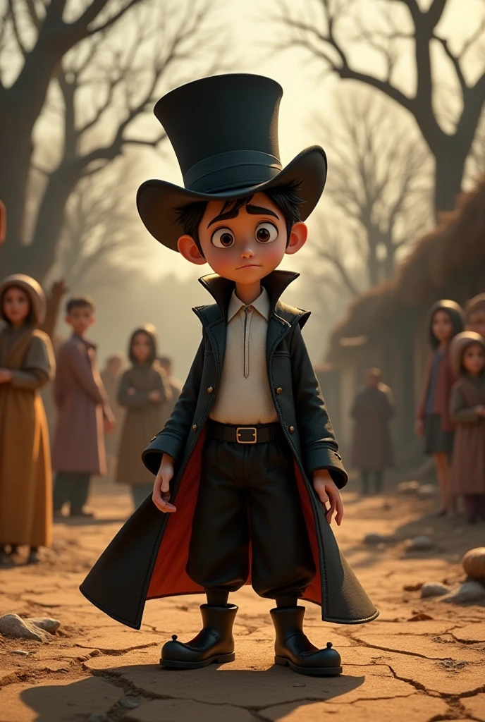 A Pixar-style Zain in his magical outfit with a black top hat, white shirt, glowing magical coat, black pants, black shoes, and magical stick, standing in a desolate village. The trees are withered, the ground is cracked, and the spring is drying. He looks worried and guilty, with villagers in the background watching with fearful expressions."