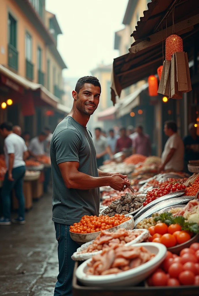 Cristiano ronaldo selling fish in the market