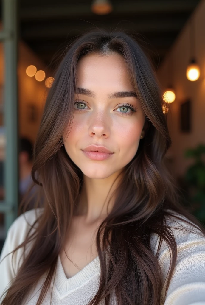 Une femme au yeux vert avec une chevelure brune 
Un visage affiner un regard mysterieux des fossettes
Et un sourrire des dents blanche
