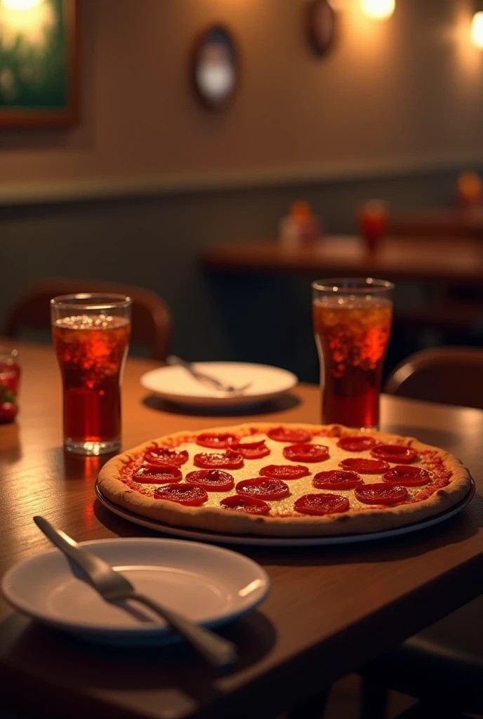 Pizza, drinks, salad and vinegar on the table --auto