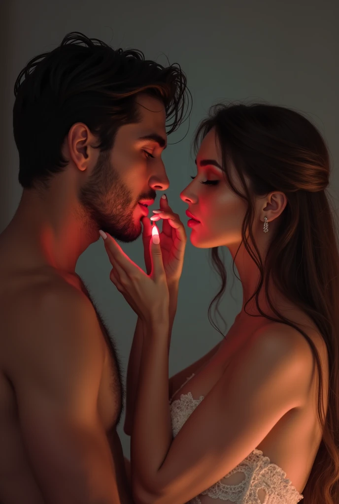 Latina woman with dildo in hand, kissing him 