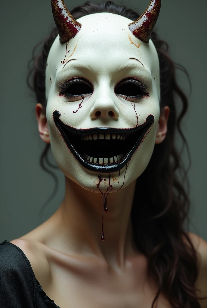 woman in a white dress, black hair, with a macabre face, smile, empty gaze, with holes for eyes. This woman is a haunting and gives a feeling of fear and chills.