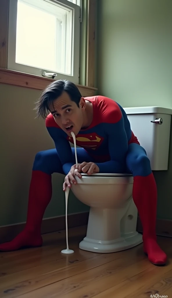 Superman in a school children's bathroom pooping and the poop overflowing the toilet, while Superman's face is red and about to explode
