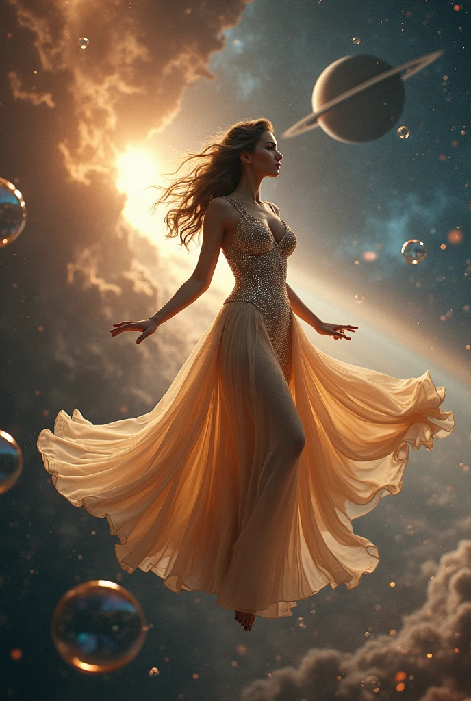 Woman floating in space in a rhinestone dress long train in the background do you see planet Saturn big and other planets soap bubbles stars Milky Way sunlight fantastic quality
