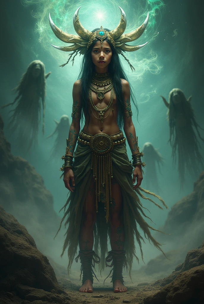 goddess of sorcery, queen of the dead, woman with tropical Latin skin, with long black hair, she is in the middle of a hill, with dead and dry tropical trees, she is naked, wild and powerful woman, at her feet there are pools of blood mixed in the middle of the land of the dead forest on the hill, at night it has a terrifying effect on the scene, wild woman, naked, without clothes, full cup, goddess of death.