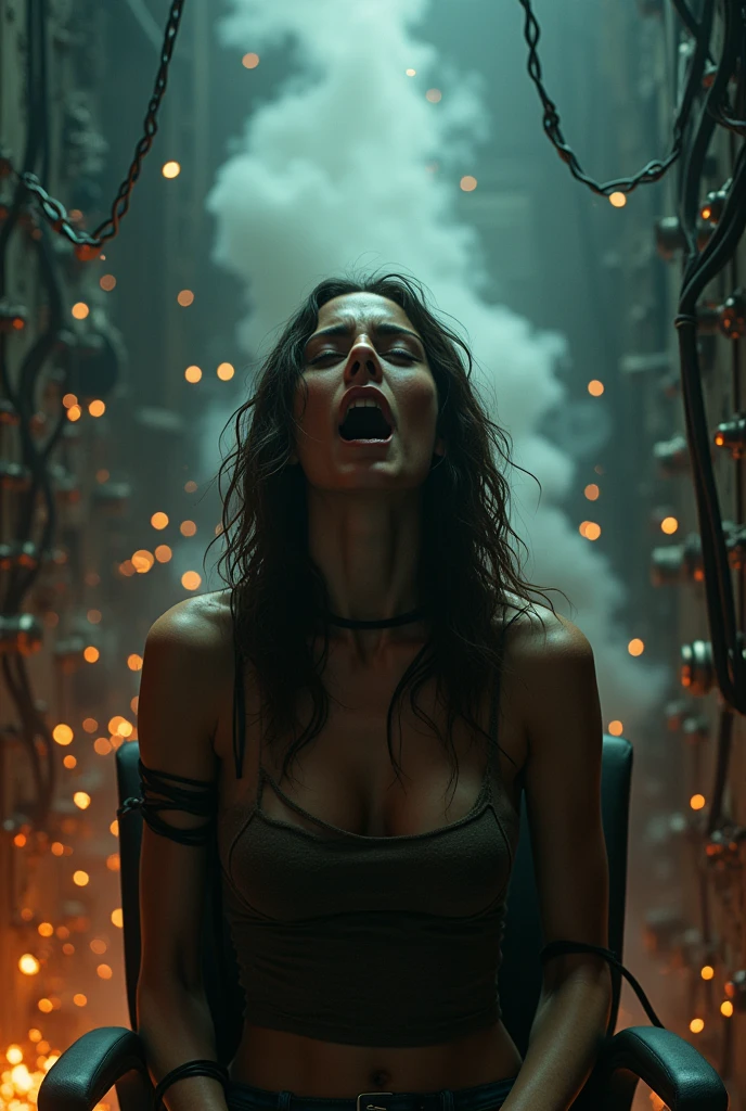A highly emotional scene of a terrified woman on her knees in the rain, surrounded by menacing figures in soaked clothing, their expressions of rage and despair, intense cinematic lighting from behind, golden hues reflecting on the wet ground, sharp focus on the woman’s face with raindrops highlighted, shot with a Canon EOS R5, 85mm f/1.4 lens, ultra-realistic details, dramatic atmosphere, 4K resolution