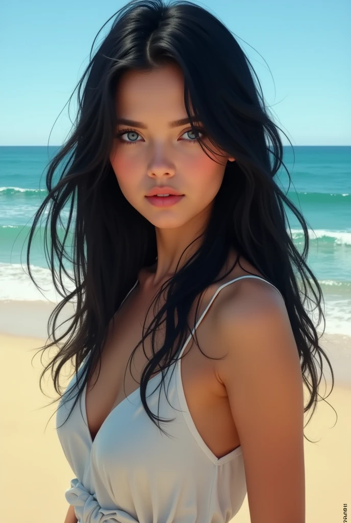 Angel Face Russian, ((the highest quality, A masterpiece:1.3, photorealistic:1.4)), ((Beautiful Russian women kneeling in ocean)), full-body photo, 1 female, goddess face cut, 18 year old, enormous :1.3、Slender body type:1.1、toned ablonde semi-long hair、(BEATCH、Wet body、Cute :1.1)、cute little , light blue socks, Super detailed face, detailed lips, detailed eyes, Double eyelid, detailed hands and fingers, beach ball, Blue Sky、clouds、her eyes hold a glint of mischief and authority.、standing tall and confident、blue eyes