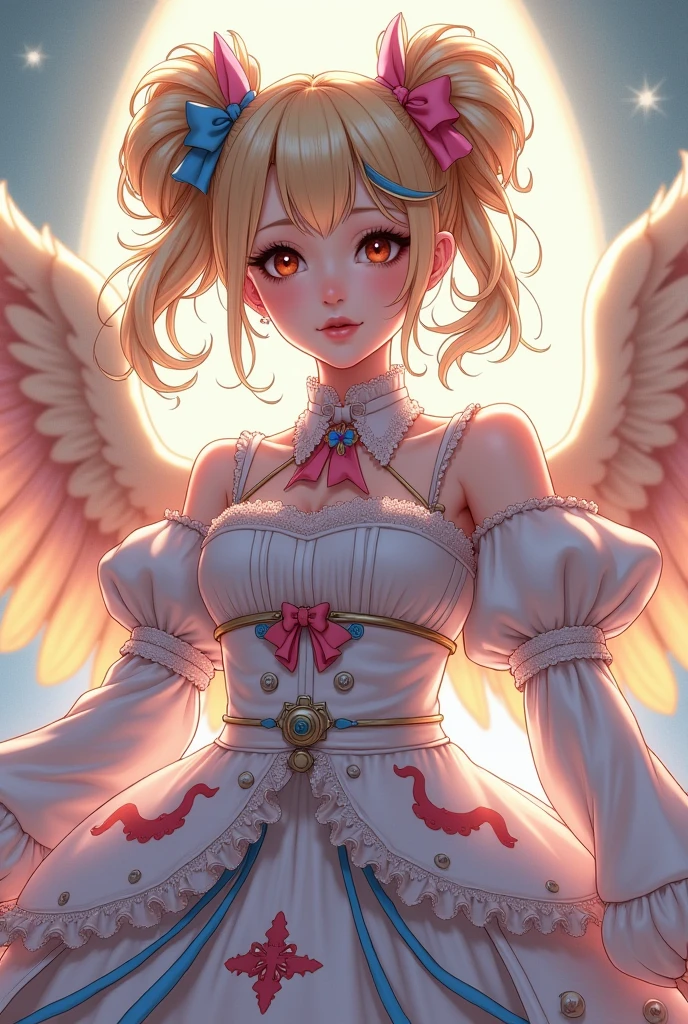 ((best quality)), ((masterpiece)), ((ultra-detailed)), (illustration), (detailed light), (an extremely delicate and beautiful), a girl,flandre,white hat,red ribbons,mahou shoujo, wings like stars, cute face, upper body, two legs, long dress, (beautiful detailed eyes), stars in the eyes, messy floating hair, colored inner hair, Starry sky adorns hair, (lots_of_big_colorful_Bubble), [pearl], [Galaxy], depth of field --auto