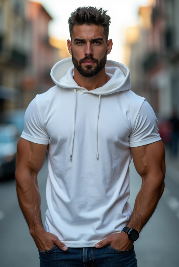 muscular man, bearded, young, young adult, huge, big shoulders, piece, Only, the white shirt with studs open hoodie gold netalica, big arms,, Intricate, elegant, sharp focus, photo by greg rutkowski, vibrant colors, (masterpiece), ((Paris), (detailed face), , brown eyes, bright Eyes, portrait from knees to head, strong and muscular legs, big lump , Profile , latino 25 years old , with applications on the sweatshirt