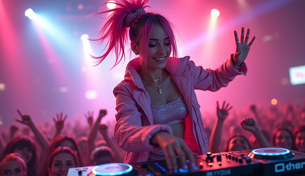 upper body, female dj, colorful clothes , quirky, vibrant appearance, playful accessories, creative behavior, imaginative, sensual, spontaneous, dj headphones, mixing console, music club, night club, indie theaters, people dancing on the dance floor background, underground danceclub, highest quality, skin texture, intricate details, (cinematic lighting), RAW photo, 8k