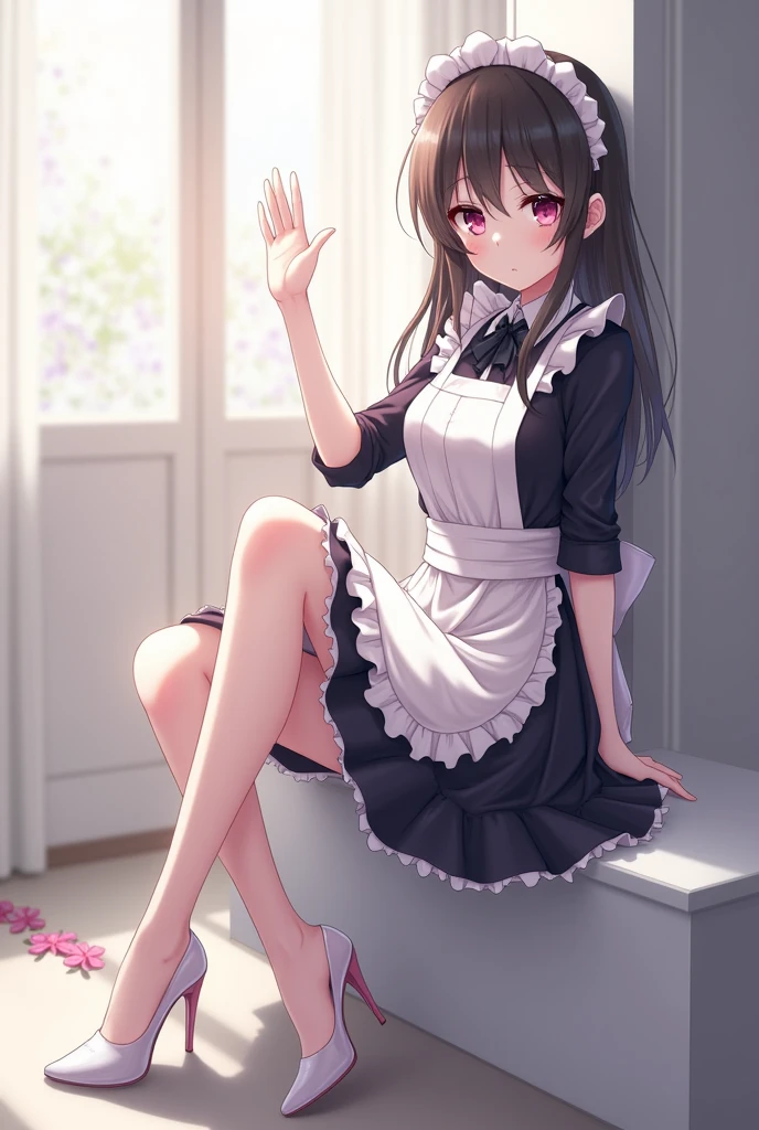 Anime girl, maid, white stockings, sitting, heels, legs crossed