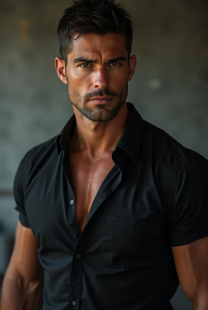 ice blue eyes, His black short hair, the broad body, the black shirt with two open buttons at the top and rolled up sleeves A striking face,. No beard and very very hot and dominant, mafia boss
