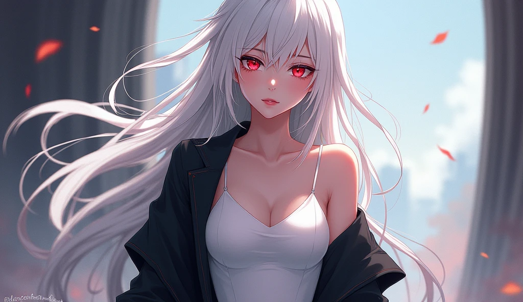 best quality, intricate details, chromatic aberration, (masterpiece), ultra details, ultra quality, rule of third, (top third shot), navel, 1girl, long hair, silver hair, white highlights, yellow eyes, sharp eyes, (looking at viewer), detailed face, detailed iris, glossy lips, hair between eyes, choker, neon shirt, torn legwear, open jacket, against wall, brick wall, glow, neon lightlacklight:1.4),