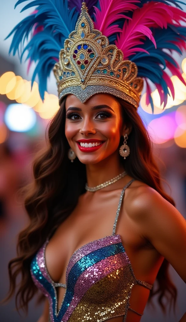 (medium full shot) of (glamorous rio carnival dancer) young woman, mexican, mahogany skin, hazel eyes, Medium build, short brown curly down hair, wearing a multicolored chiffon blouse with vibrant patterns, asymmetric carnival skirt, feathered wings, embellished flats, colorful eye shadow, wearing a feathered headdress, set in a colorful carnival float, with elaborate decorations, vibrant costumes, energetic dancers, rhythmic music, and festive confetti, during sunset, woman smiling, ,Masterpiece,best quality, photo, realistic, very aesthetic, detailed face,