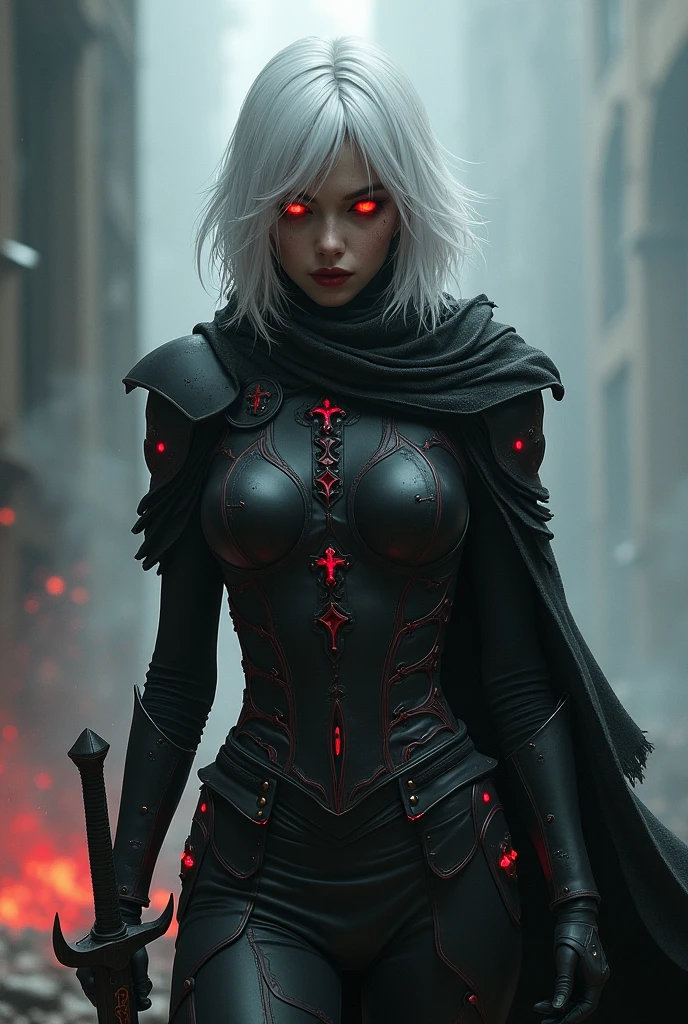 8K,Grim Reaper with a very large scythe,Skeleton,Red eyes,White haired mohawk,Black hooded robe,Highly detailed photos, Ultra-high resolution, masterpiece, Highest quality, Perfect glowing skin, Perfect lighting, Detailed lighting, Dramatic Shadows, Ray Tracing, Looking at the audience, Small breasts, Beautifully detailed hazel eyes, Sharp Face, Clear Eyes, Red lips, Long bangs, Short Curly Hair, ((Dark Land of the Underworld)), Upper Body, masterpiece,Highest qualityのフォトリアリスティックなRAW写真。Bright colors,Rich colors, Backlight, Cinema Lighting, Film Grain, to be born, 50mm lens, Nikon D850,Detailed character art,Fantasy art,Ultra-Realistic Skin,Perfect hand shape,Deadly landscape,Skull coat of arms,Skull Face,Very large breasts,White-haired Grim Reaper,