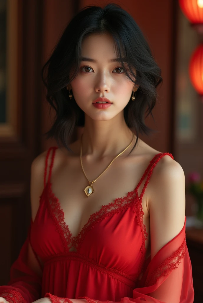 wide angle photography shot by Nikon-z9, (50mm lens, f/1.4, ISO 100), A woman, a model with large breasts, wears a red Chinese dress to celebrate the Chinese New Year. On the table there is an offering of food to celebrate the Chinese New Year, (RAW photo:1.2), (photorealistic:1.4), (masterpiece:1.2), (intricate detailed), (best quality:1.2), (professional photography), (realistic:1.5), (soft light:1.3), (defuse lighting:0.7), (ambient lighting:0.6), (rim lighting,:1.2), fine textures, (depth of field:1.2), (bokeh:1.2), (face focus:1.5), film overlay, film grain,