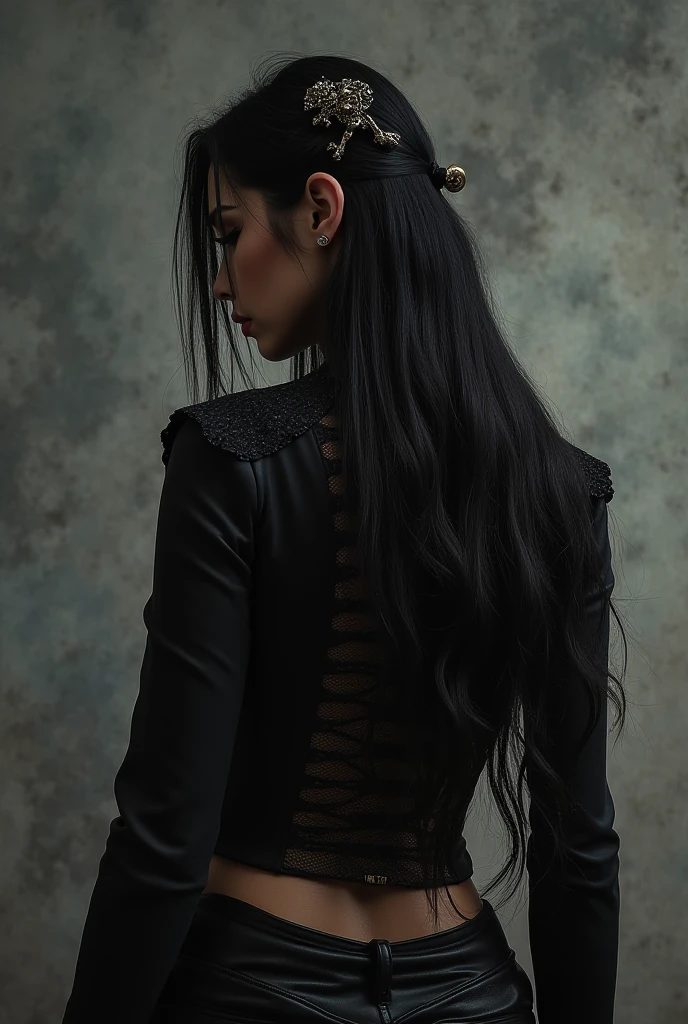 A beautiful adult woman. She has fair skin, but her left hand is completely black, and she does not like to talk about this topic. She has short shoulder-length blue-black hair. The sclera of her eyes is completely black, while her left eye is blue and her right eye is dark red. Her horns stretch from the top of her head to the back of her head, curved in shape, covered with ivy vines. Her tail is so long that it reaches the floor. She is wearing a long dress with a slit at the hip, there is lacing on the sides of her dress. She is wearing high-heeled shoes. Her breasts are 4 sizes. She is 6.4 feet tall and weighs 166 pounds. She smells of coffee and sealing wax. She belongs to the demons of high rank. She is 100 years