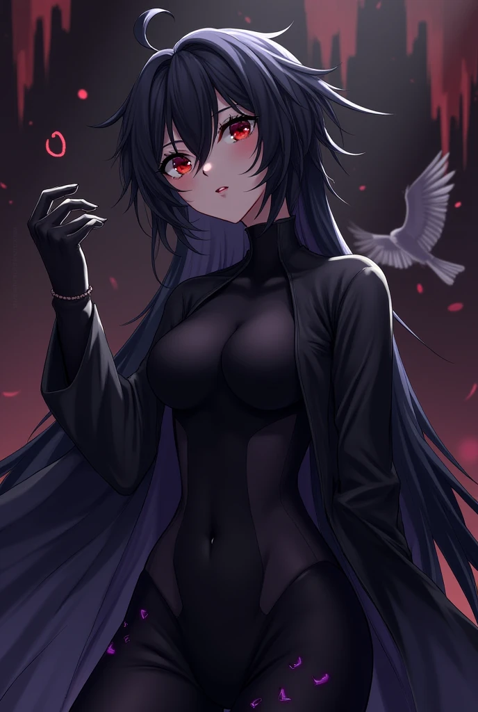 anime character dressed in black with chain around his neck, turtle neck, shadow mage female, female fantasy Vampire, single character, rpg portrait, noble female, anime illustration, dark witch character, rpg, black hair purple gradien, yellow eyes purple gradien color, rosario earpierce, wolf cut hair, female, wolfcut hair, bigboobs, sexy pose