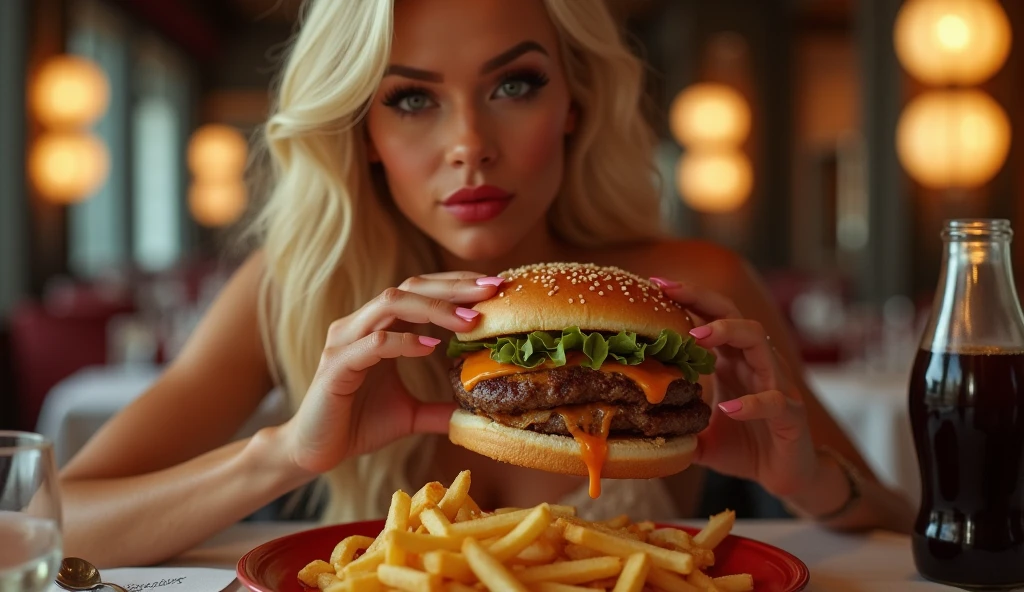 a Beige skinned, tall woman,triangle body shaped,(Make-up face), Small and Thin black eyes, Slightly Sliconed Lips,Very Slim Face long face,Botoxed face,blonde ponytailhaired,blonde thin eyebrowed,up turned nosed, wearing a tight bra and (high waisted tight jeans),Chowing Down Dozen of fast food in home,sit on the ground,detailed face and body, highly detailed, photorealistic, masterpiece, octane render, 8k, sharp focus, intricate details, realistic skin texture,