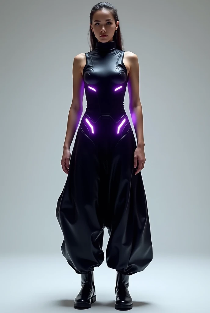 Full body shot of an African woman dressed in neon lit African designed clothes, standing in museum full of QR code sculptures, QR code sculptures and art work shining blue and red light, with iridescent light, 32k, ultra HD, unreal engine rendered, cinematic lighting, artgerm style