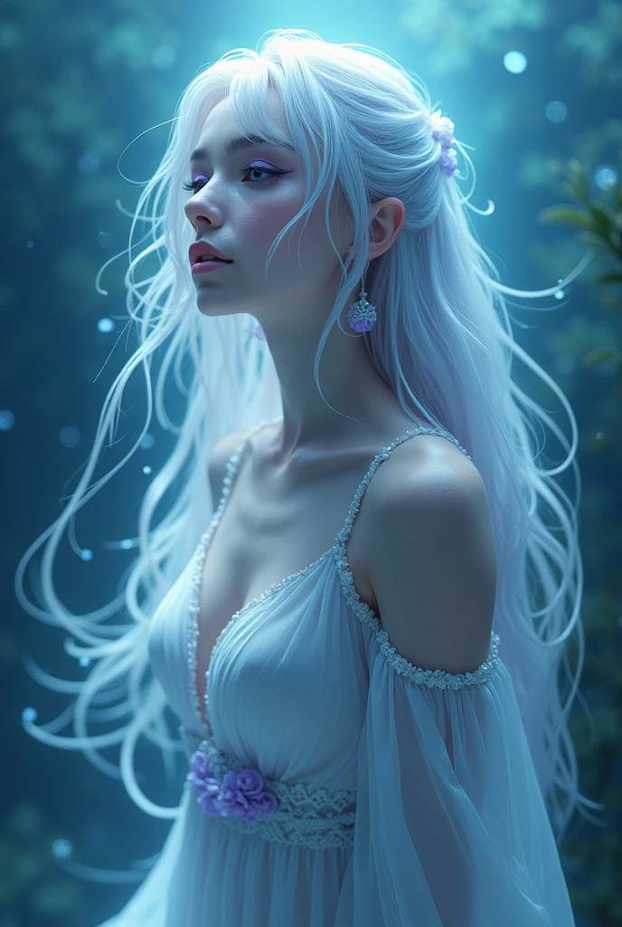 Create image of Lyra Mooncrest, a siren.
*Appearance*: Delicate and ethereal, with silver hair that flows like water, violet eyes, and a faint glow to her pearlescent skin. She often wears simple, flowing dresses.