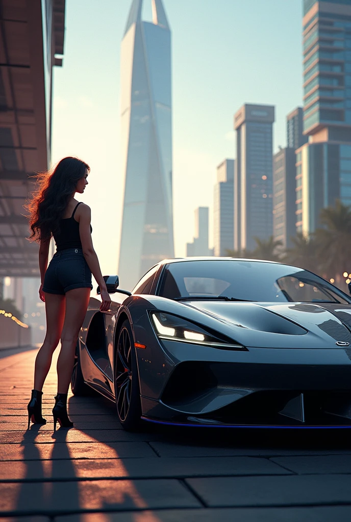 a picture of a female model wearing an evening dress standing near a red sports car, glamorous model woman, extremely beautiful face, ultra feminine, detailed face, exquisite beautiful face, black hair, long hair, wavy hair, beautiful green eyes, she wears a ((yellow evening dress: 1.5)), elegant, intricate detailed dress, decorated with gems, silk dress, small cleavage, she wears elegant knee high heeled boots, exquisite knee high heeled boots, standing near a ((red sports car: 1.5)), in a cyberpunk street an night background, moon, stars, lamp light, (Masterpiece: 1.5), 16k, highres, best quality, high details, ultra detailed, masterpiece, best quality, (extremely detailed), LU, drkfntasy