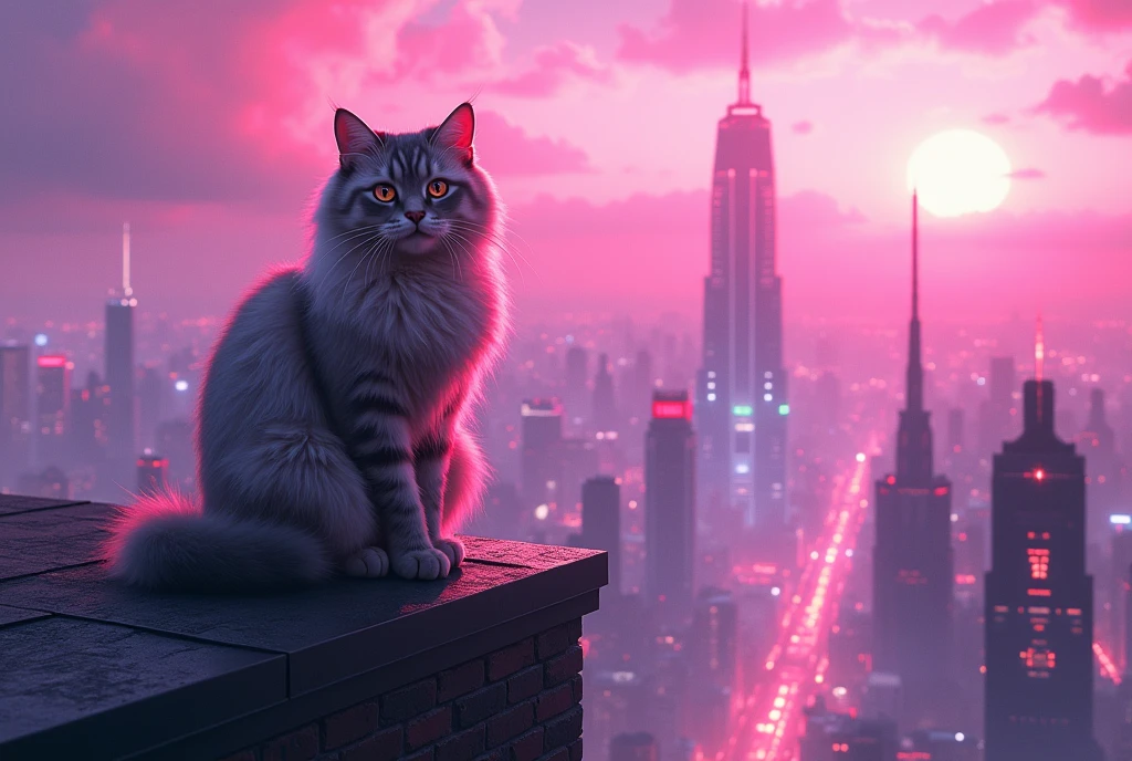 wallpaper on the roof of a building where a few meters from the camera there is a furry cat looking over the entire semi-futuristic city with magenta and heavenly lights