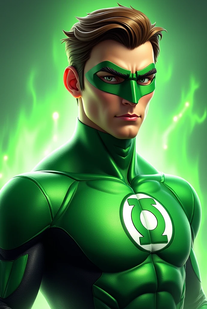 Pixar disney style. Super hero, wearing a dark green outfit, shield logo on his chest, full body, poster, black hair. Digital 