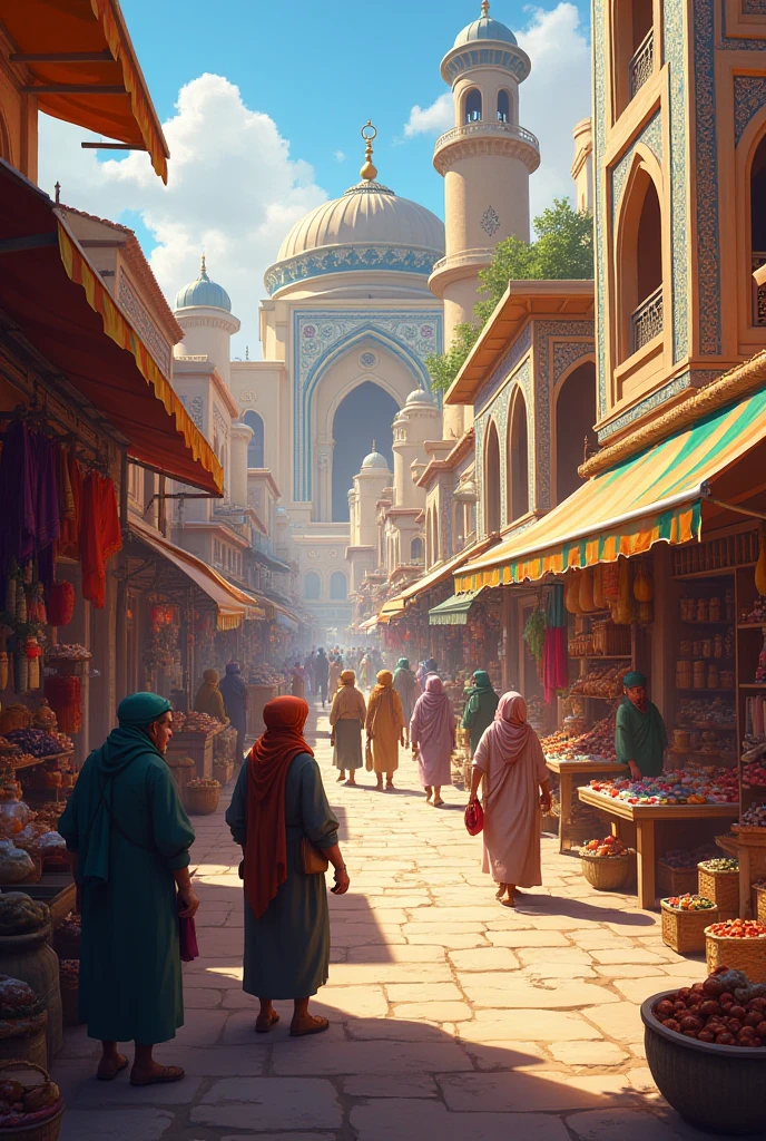 Arabian-style city, illustration, intricate architecture, vibrant market stalls, cobblestone streets, colorful textiles, ornate domes, bustling atmosphere, traditional clothing, warm desert tones, midday sunlight, detailed, fantasy art, 2d.,Highest quality,masterpiece