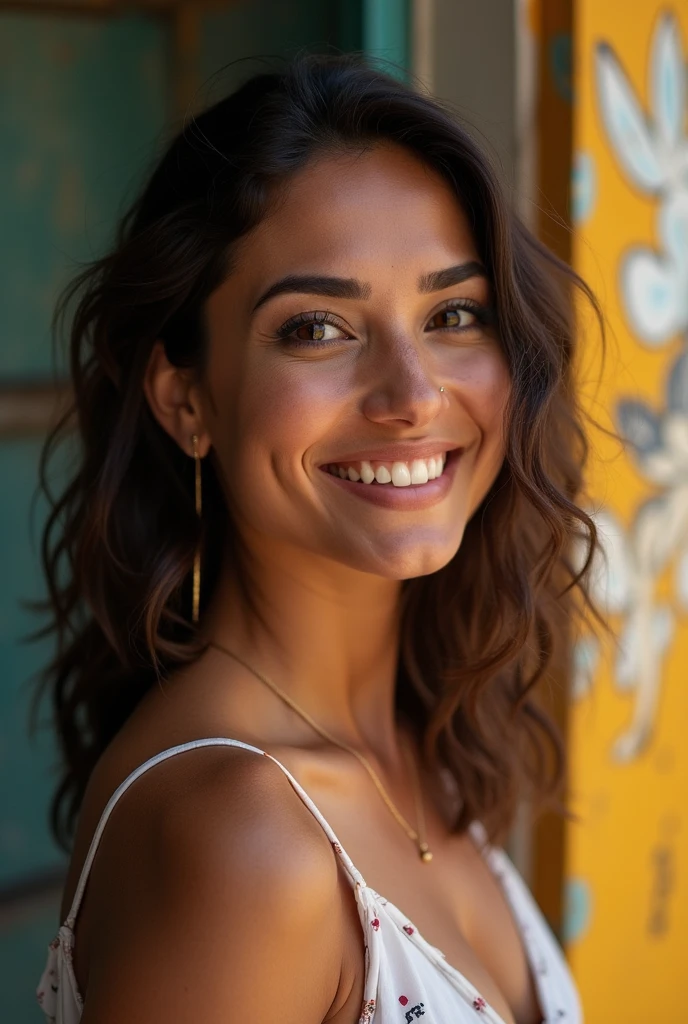 1 mujer adulta, Cabello largo, cabello rizado, black dyed hair, piel suave, ojos marrones, sonrisa, vegetation, Ocasional, ajedrez , realista 8K EN semi desnuda