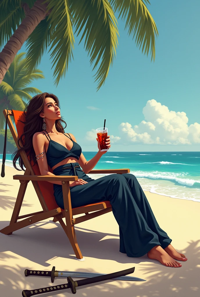 Ninja woman with brown hair and eyes is lying on a beach chair in her ninja costume receiving the sun she is on her back looking at the sun her fighting weapons the katana and knives are in the sand she is holding a glass of soda