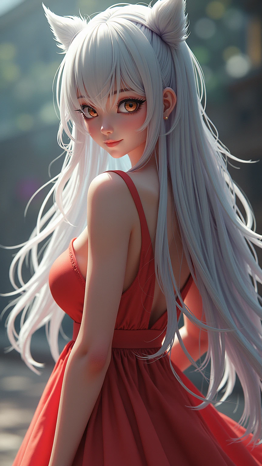 18 year old female,Milky white long hair,red eyes,very huge breasts,perfect hands,((3D anime style)),