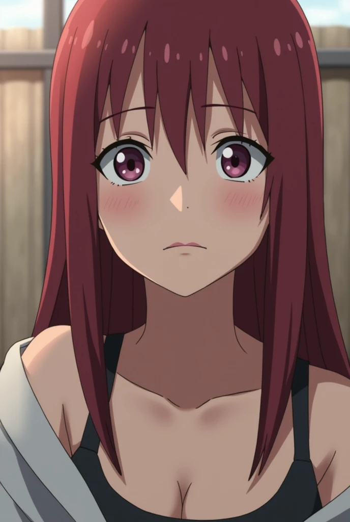 1girl, solo, Erza Scarlet, Fairy Tail, red hair, long hair, sidelocks, big breasts, cleavage, (black swimsuit), (wide-brim straw hat), aroused facial expression, closed eyes,  open mouth, blush, sweat, hot, (close-up), sunny weather, beach