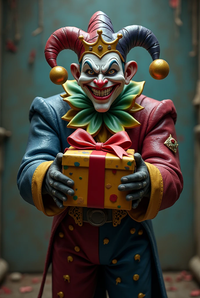 scary evil clown photo realistic holding a box