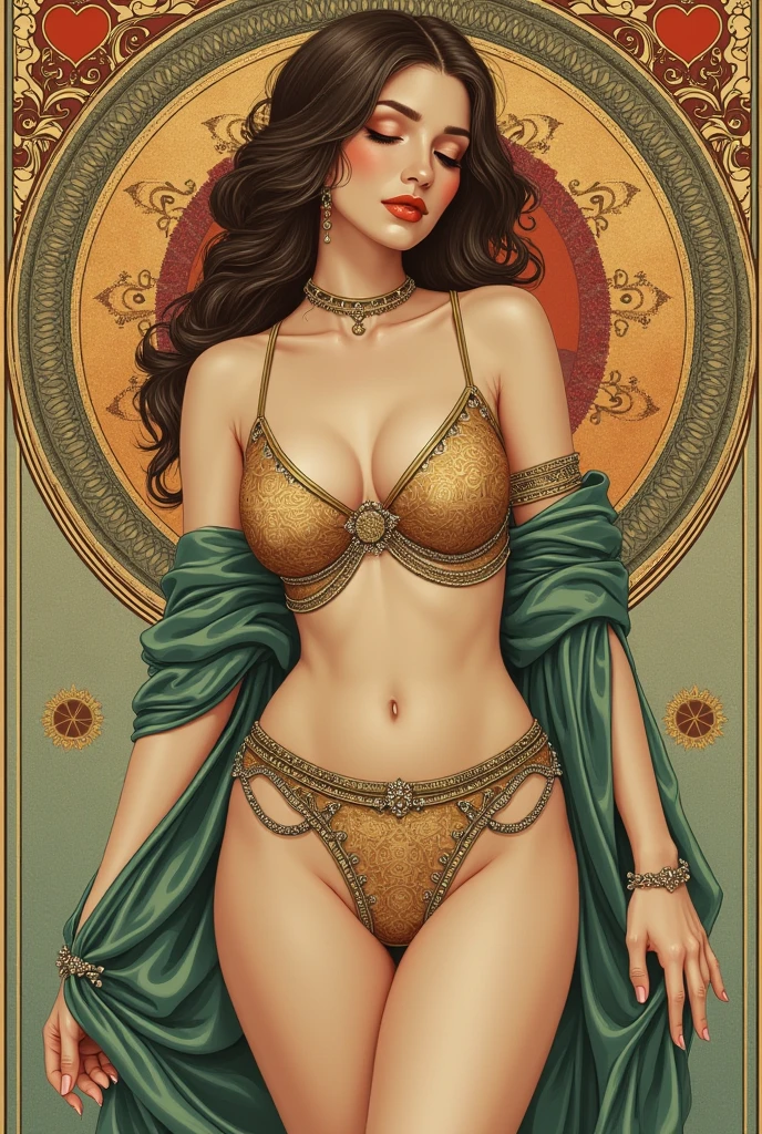 The goddess Hestia with caramel hair of medium size body with flowers and fruits around with an art nouveau drawing style