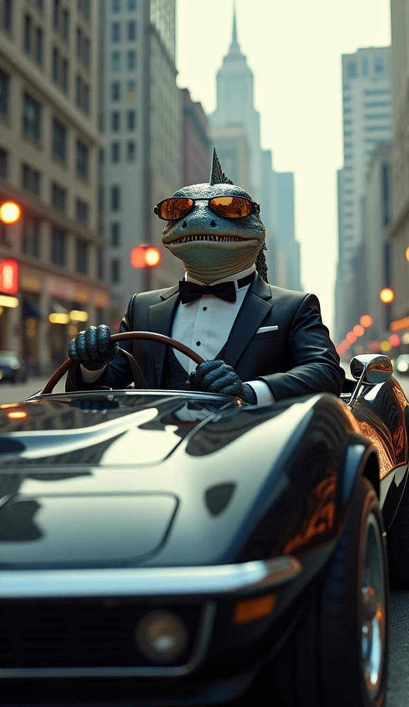 Piranha wearing tuxedo sunglasses riding and driving a corvette, ultra realistic and professional images