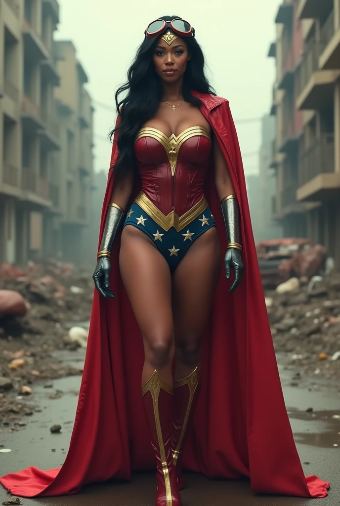 Indian Sexy Woman in Latex Red-Blue Wonder Woman Costume, Red Cape, Huge Gigantic Breasts, Huge Gigantic Round Ass, Necklace, Bangles, Leather High Boots, Seductive Eyes, Oily and Shiny Body, Dominating for Sex, Flaunting her Huge Gigantic Semi-Covered Breasts, Dark Semi-ruined Cyberpunk City on the background
