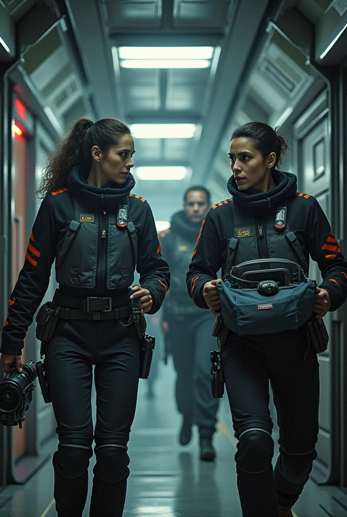 Two women are walking side by side in a room, movie「Life Force」Appeared in (1985), 1 9 7 0s Science - FI Movies, 1 9 8 0 SCI-FI Style, 1 9 8 0 s SCI - FI Movies, Retroscience - FI Movies, 1 9 8 0 SF, Retro sci-fi movies, wearing futuristic white suit、8k、skintight、Rear view