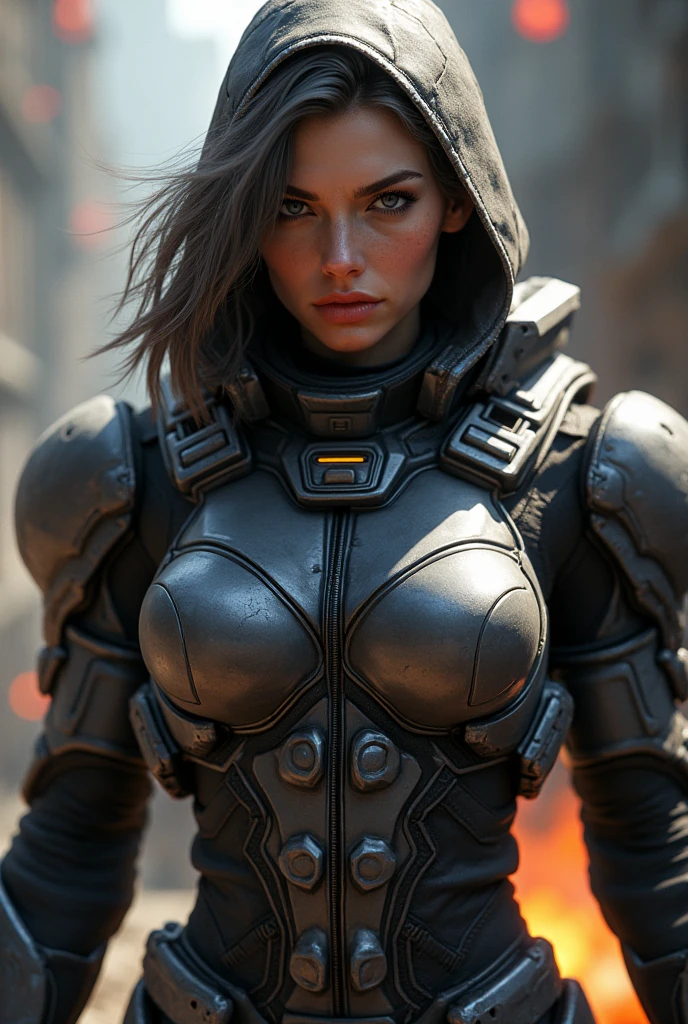 A highly detailed photorealistic portrait of a woman, wearing a SWAT vest, holding a gun, with jewelry, erect nipples, in front of an armored vehicle, high resolution, masterpiece, cinematic lighting, dramatic pose, hyper realistic, 8k, physically-based rendering, sharp focus, looking at the viewer