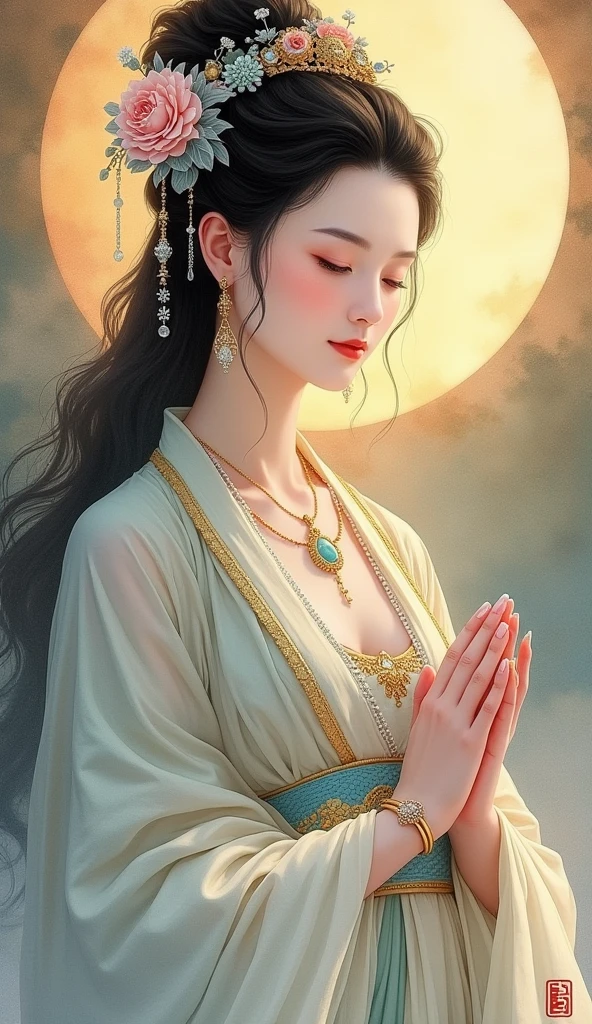 A beautiful oriental goddess、Figure of Compassion 、 A fusion of ink painting and vivid watercolor painting、Jewelry、masterpiece、　